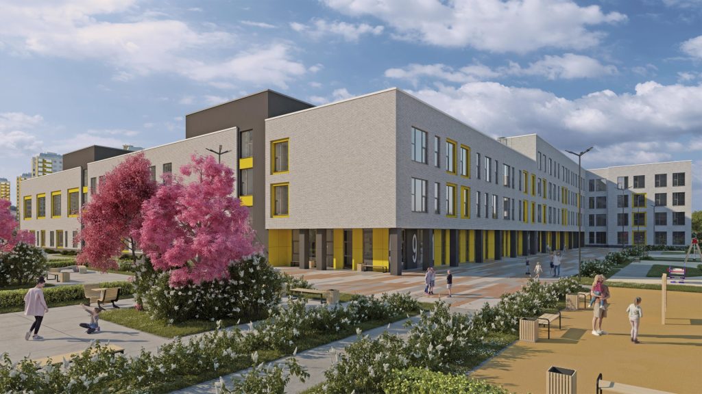 Здание школы максимально вписано в жилую застройку и имеют переменную этажность от трех до четырех этажей. Школа имеет Г-образную форму здания, продиктованную необходимостью эффективно использовать участок