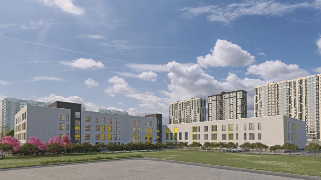 Здание школы максимально вписано в жилую застройку и имеют переменную этажность от трех до четырех этажей. Школа имеет Г-образную форму здания, продиктованную необходимостью эффективно использовать участок