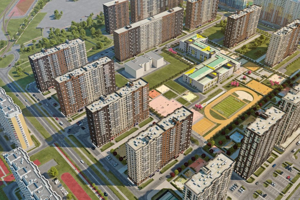 Здание школы максимально вписано в жилую застройку и имеют переменную этажность от трех до четырех этажей. Школа имеет Г-образную форму здания, продиктованную необходимостью эффективно использовать участок